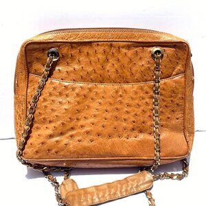 Vintage SISO Italy Genuine Ostrich Camera Shoulder Bag, Chain Strap, Caramel